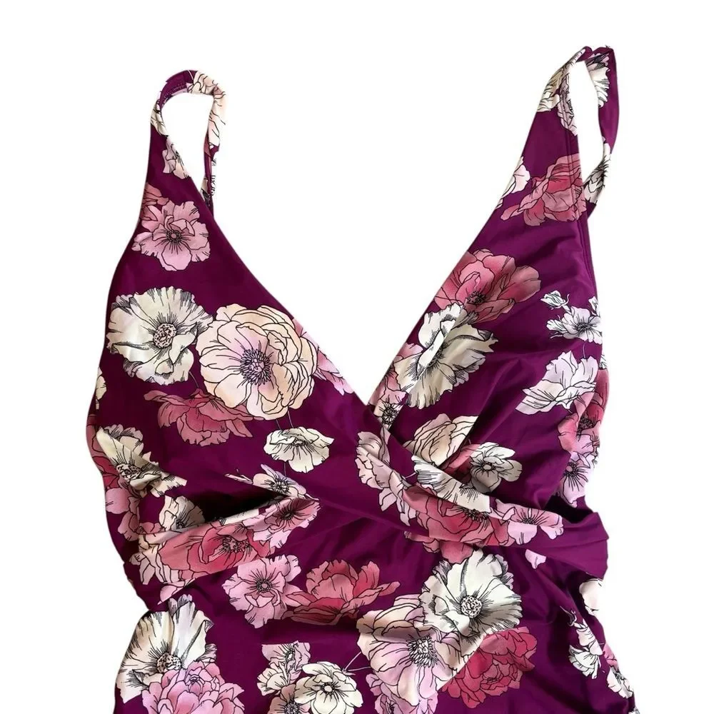 Freshwater Surplice Lace-Back One-Piece Swimsuit Plus Size 2X Purple Floral - Picture 9 of 16